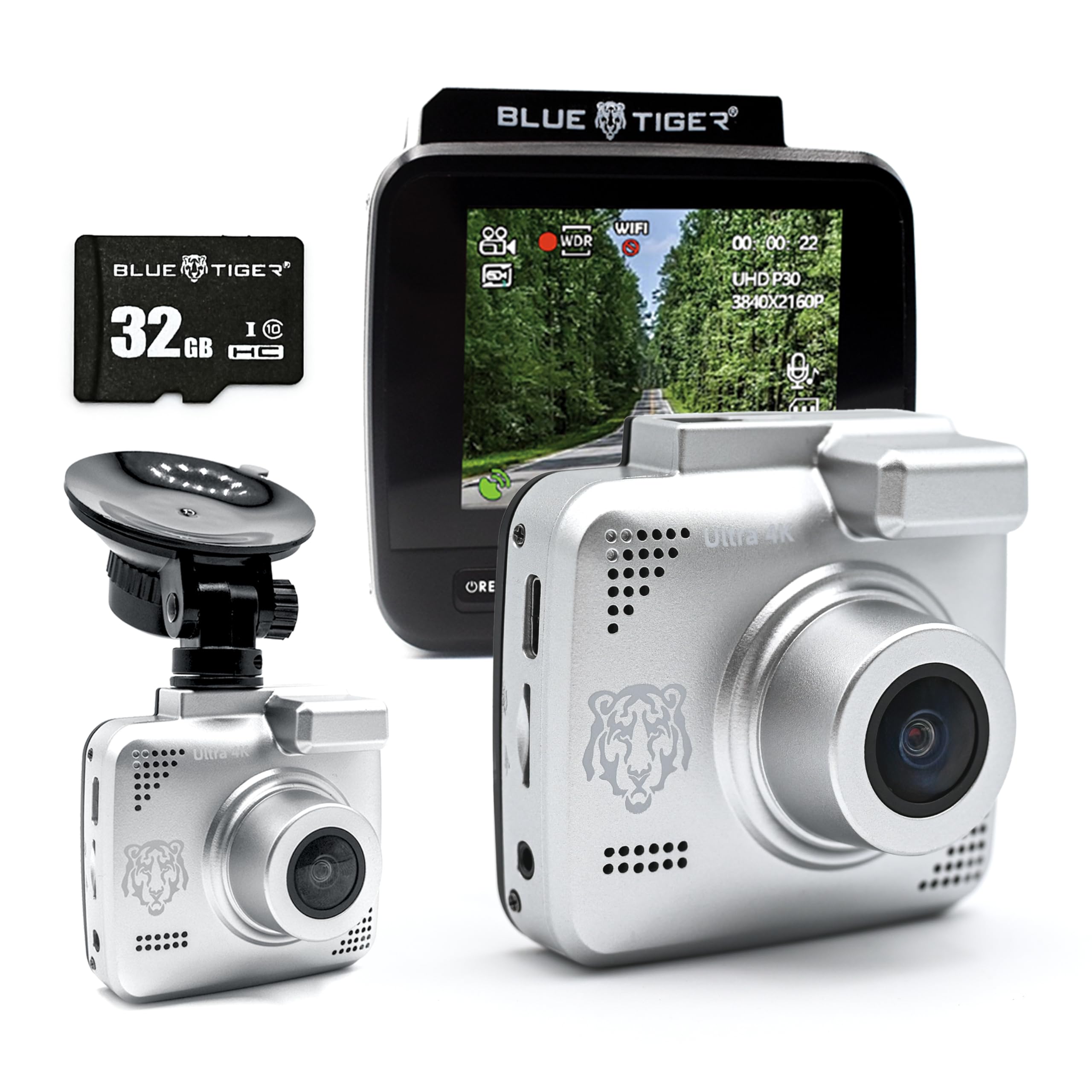 Blue Tiger Silver Series Dash Cam 4K Ultra HD Automatic Recording, Wide Dynamic Range Technology, 170 Wide Angle Lens, Advanced G Sensor for Collision Detection, Supports 128 GB Max, Night Vision