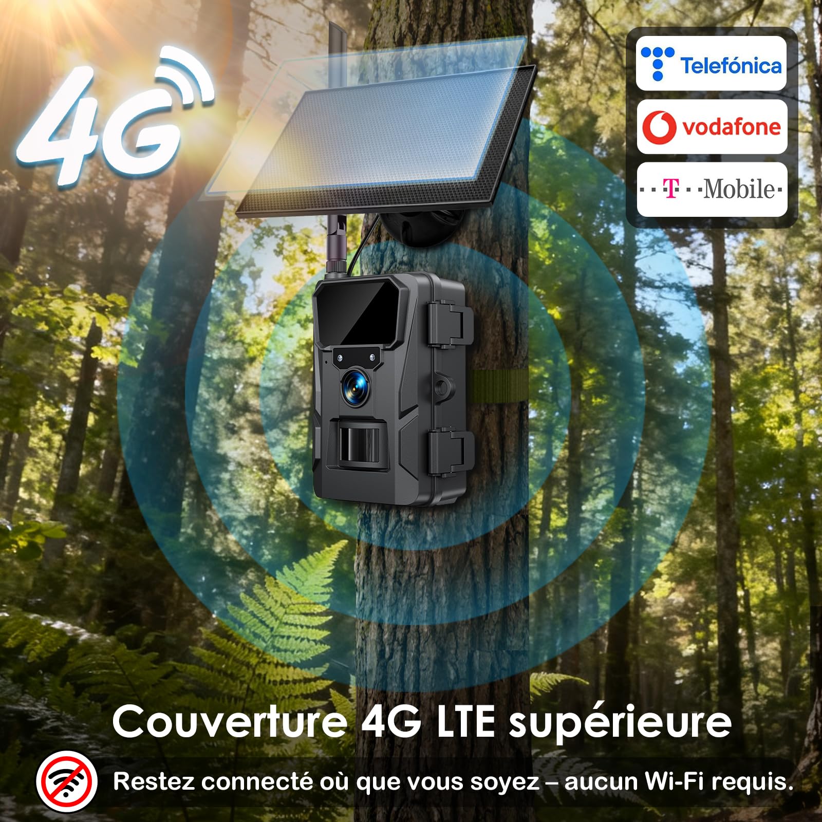 WOLFANG Caméra de Chasse cellulaire 4G LTE à énergie Solaire, caméra de Chasse 2K 48 MP avec Batterie 5200 mAh, écran de 2,0", contrôle par Application, Vision Nocturne, déclencheur de Mouvement de