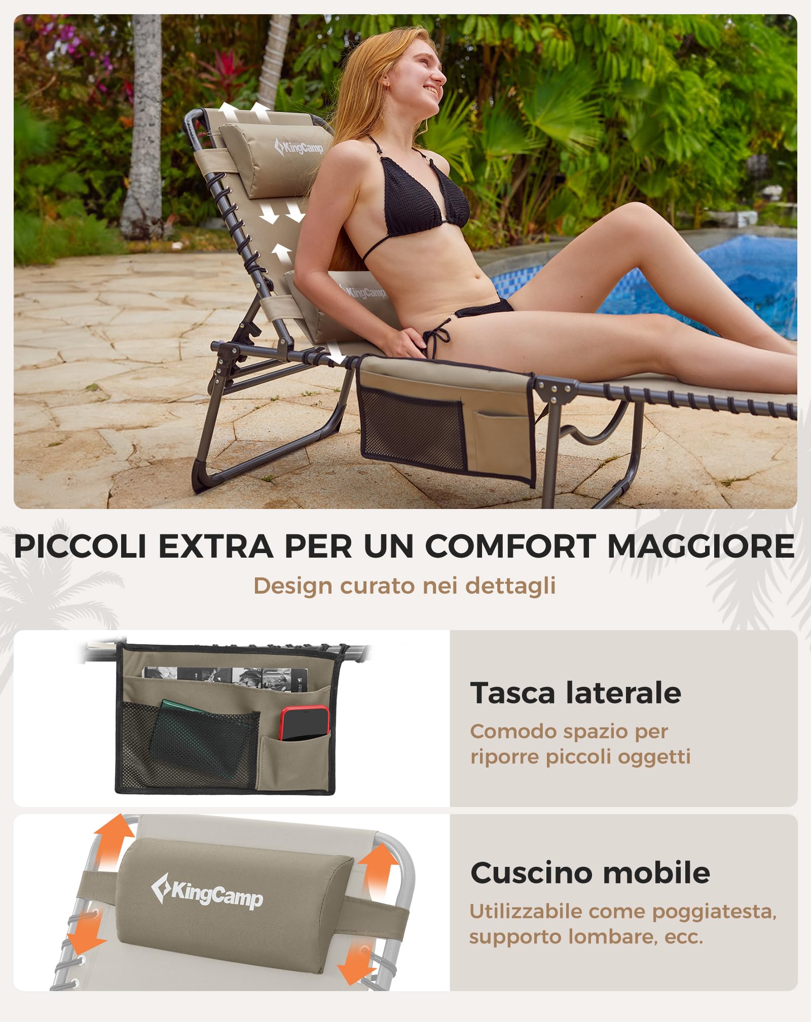 KingCamp Sedia a sdraio pieghevole con schienale regolabile in 5 posizioni, sdraio da giardino, sdraio da spiaggia, campeggio, lettino pieghevole con cuscino per la spiaggia, il giardino, la terrazza