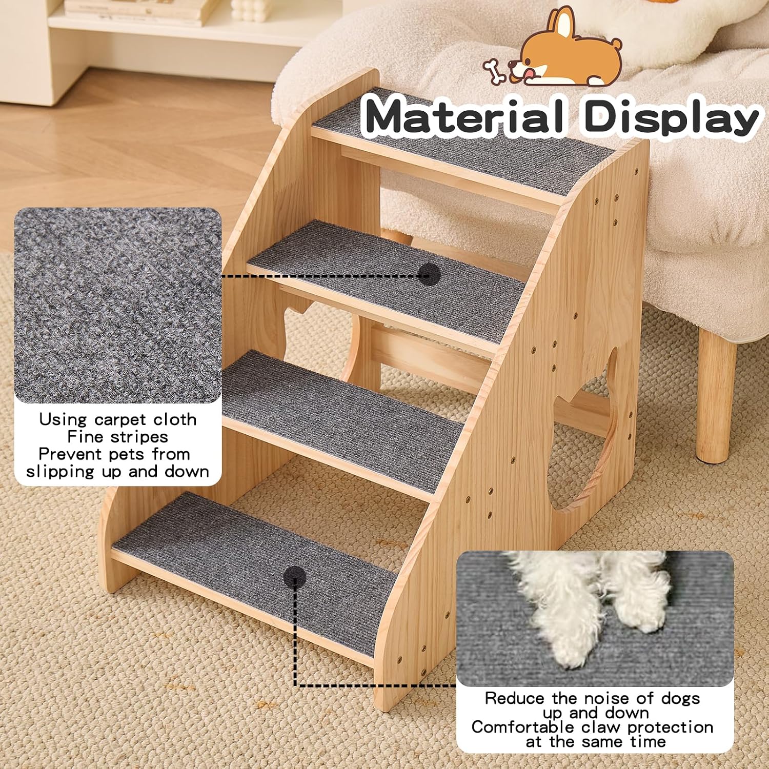 Dog Stairs for Small Medium Large Dogs 17.72" H Load Capacity 150lbs Solid Wood Non-Slip Sturdy Pet Steps for Bed & Couch 4 Step 15.75 * 22.44 * 17.72"