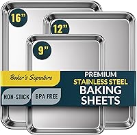 BakersSignature Stainless Steel Baking Sheet Set of 3 (9/12/16 Inch) - Non-Stick Mirror Finish, Rust-Resistant, Dishwasher Safe Cookie Sheets