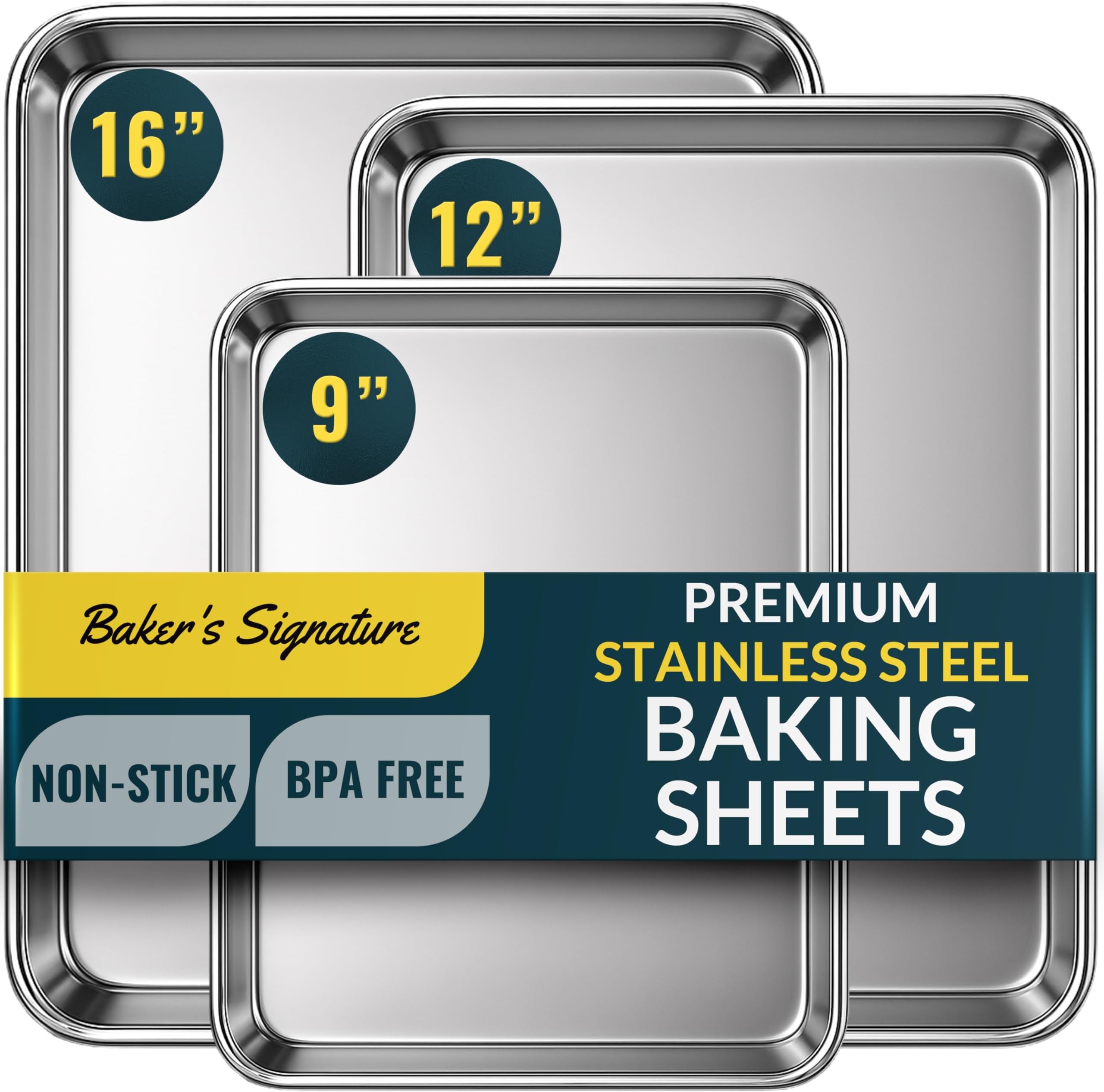 Baker’s Signature Stainless Steel Cookie Sheet Pan, Stainless Steel Baking Sheet Set of 3, Mirror Finish, Non-Stick, Rust Resistant, BPA Free, Dishwasher Safe, 9/12/16 Inch