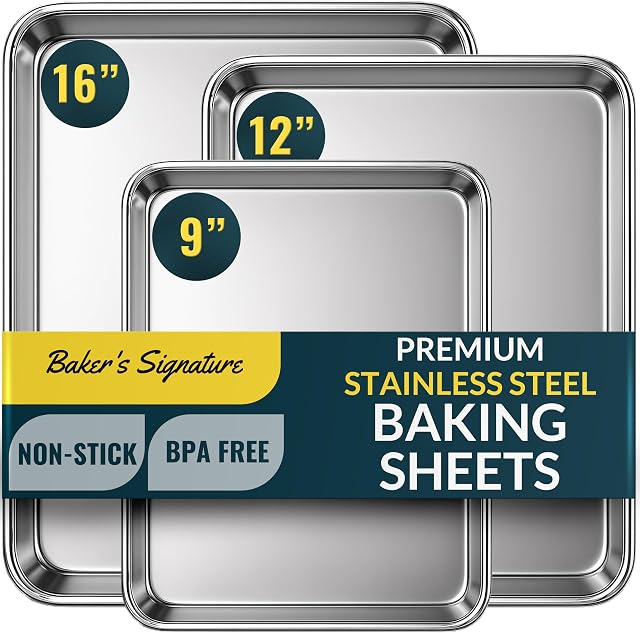 Baker’s Signature Boîte à biscuits en acier inoxydable, ensemble de feuilles de cuisson en acier inox 3, Finition miroir, non-brillante, résistante à la rouille, BPA Gratuit, lave-vaisselle, coffre-fort, 9/12/16