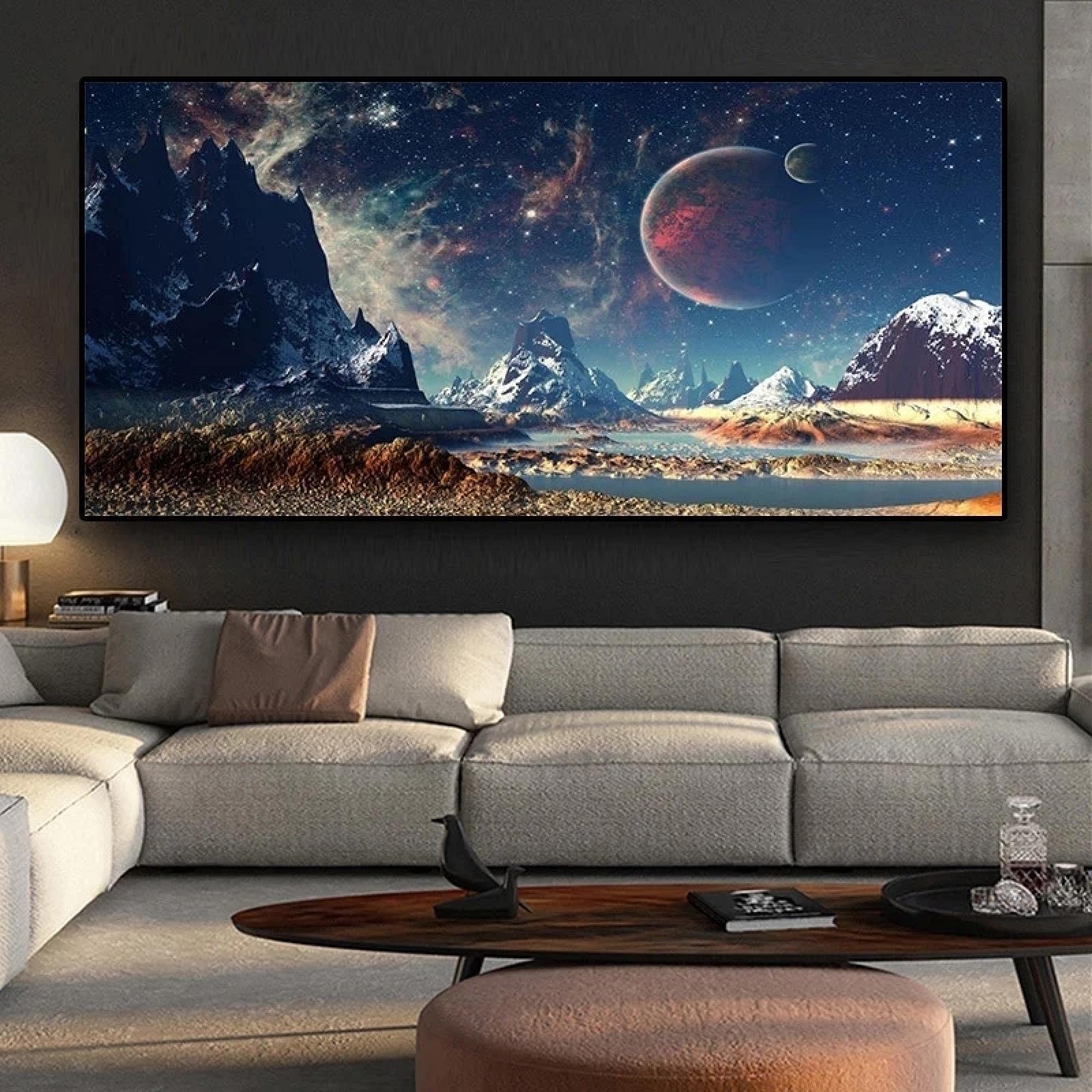 Yooyu Carteles del espacio y la montaña Universo Exoplaneta Galaxy Pinturas en lienzo Paisaje Arte de la pared Imagen Decoración para el hogar Mural 50x115cm (19.7x45.3in) Marco interno