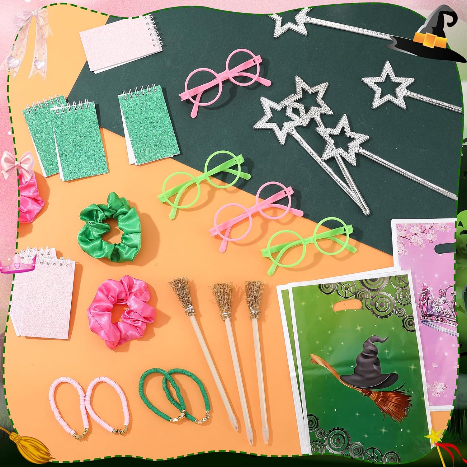 72 Pcs Witch and Princess Party Favors, Witch Broom Pens Mini Star Wands Bracelets Sunglasses Scrunchies Goodie Bags for Birthday Wicked Party Favors