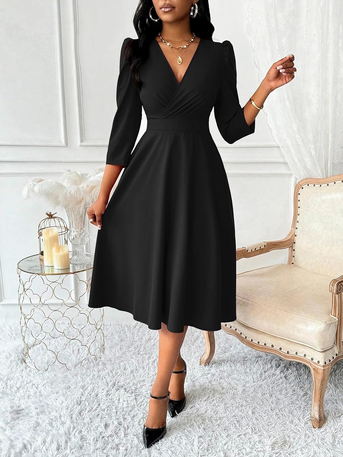 Nmoder Women Casual Midi Semi Formal Fit and Flare 3/4 Sleeve A-line Dress for Church Work Wedding Guest Cocktail Dresses - Image 2