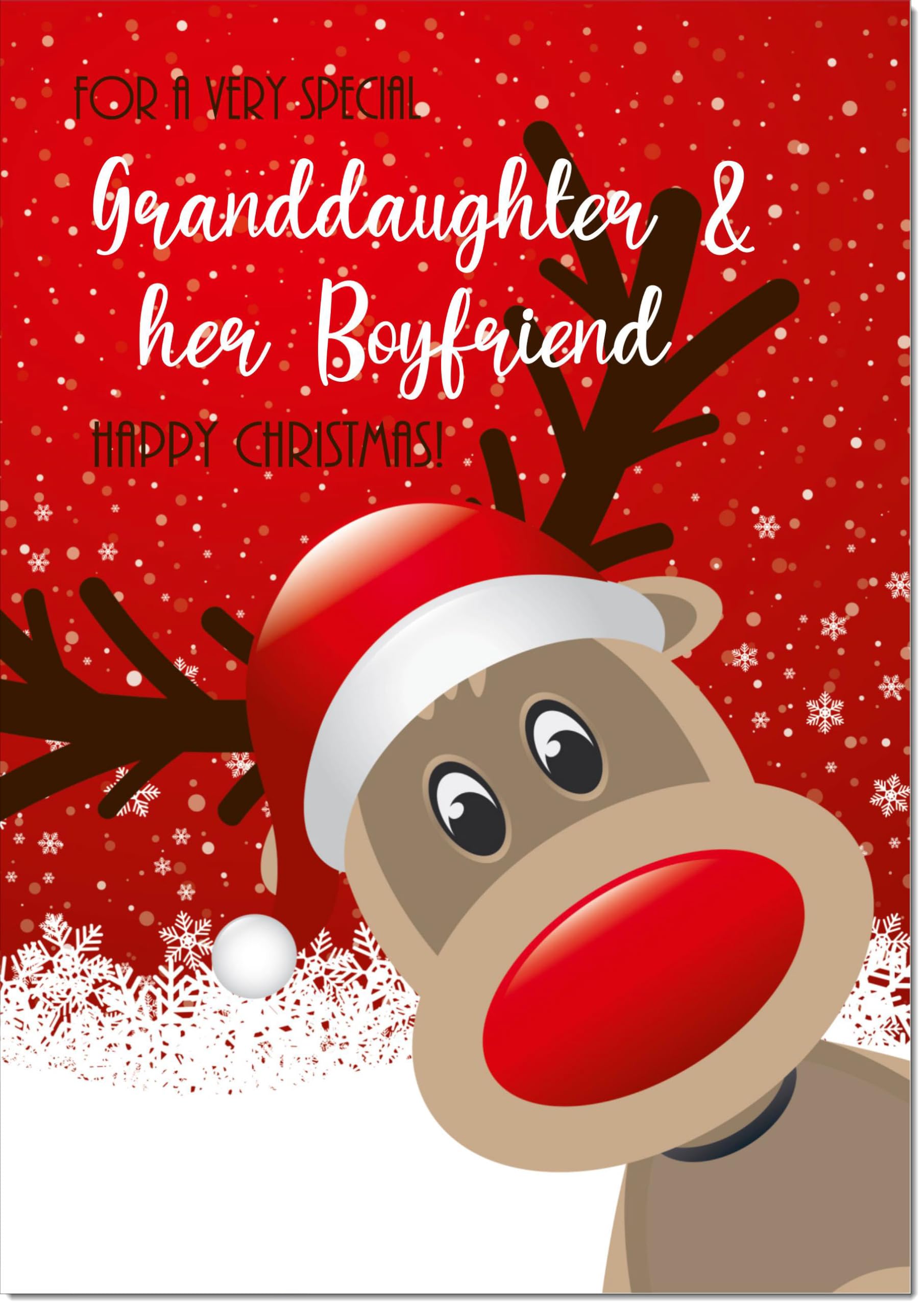 doodlecards Granddaughter and Boyfriend Christmas Card Rudolph in Snow Large A4 Size Christmas Card for Granddaughter & Boyfriend with Plain Envelope