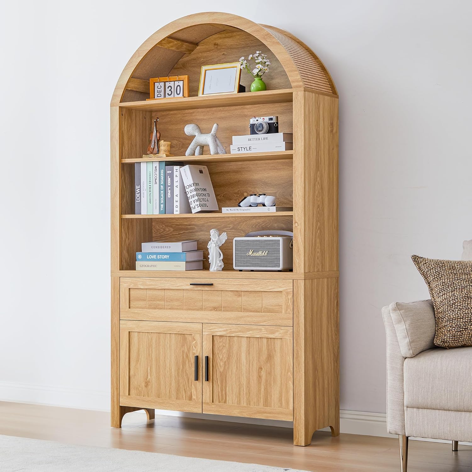 Tall Narrow Arched Bookshelf, 8-Tier Skinny Arch Bookcase for Small Space, Freestanding Storage Organizer with Adjustable Shelves, Open Display Shelves for Living Room, Entryway (Walnut)