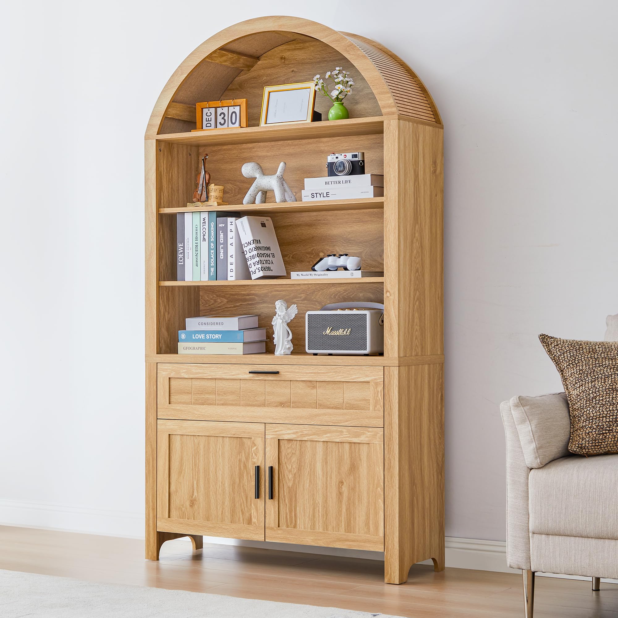 Turtle&Myrtle 73" H Large Arched Bookshelf，5-Tier Arch Bookcase with Doors，Mid Century Modern Book Shelf with Drawers，Wood Bookshelf w/Open Display