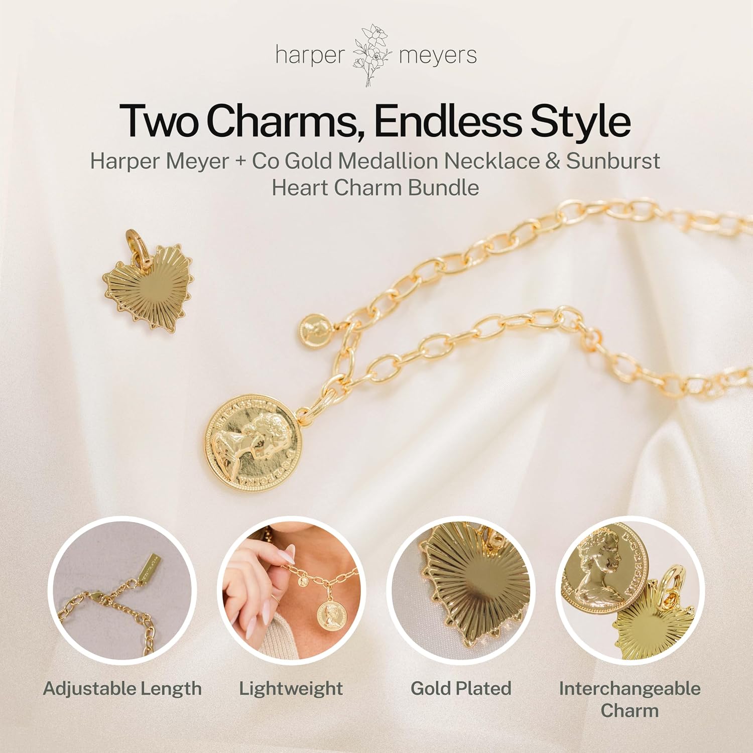 Harper Meyers Gold Medallion Necklace & Sunburst Heart Charm Bundle – Bold Statement Jewelry for Women – Interchangeable Gold Pendant & Heart Charm – Elegant Necklace Gift for Any Occasion