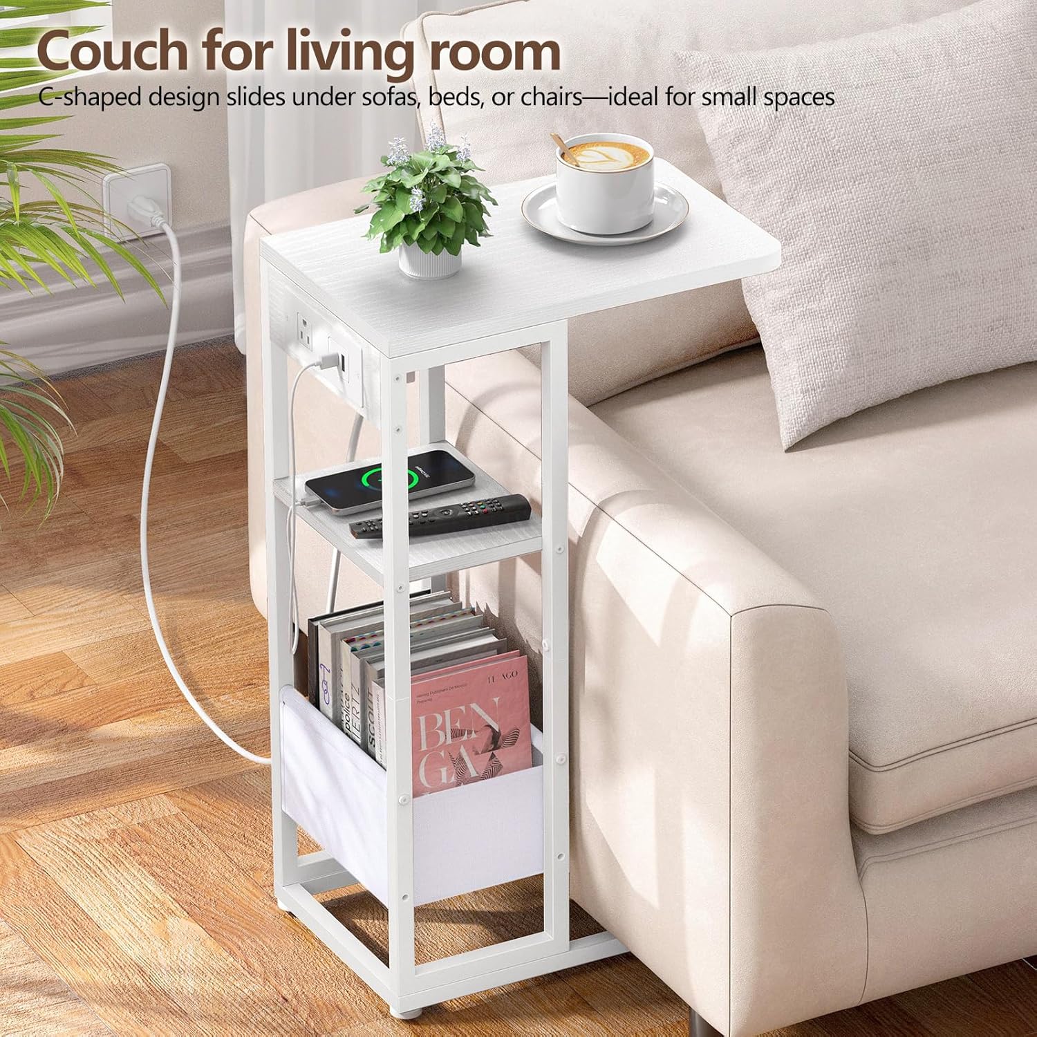 C Shaped End Table with Charging Station, Small Side Table for Couch Recliner, Slide Under Sofa Desk Snack Tables with Storage Bag & AC / USB Outlet, Small Spaces Drink Tables for Living Room, Bedroom