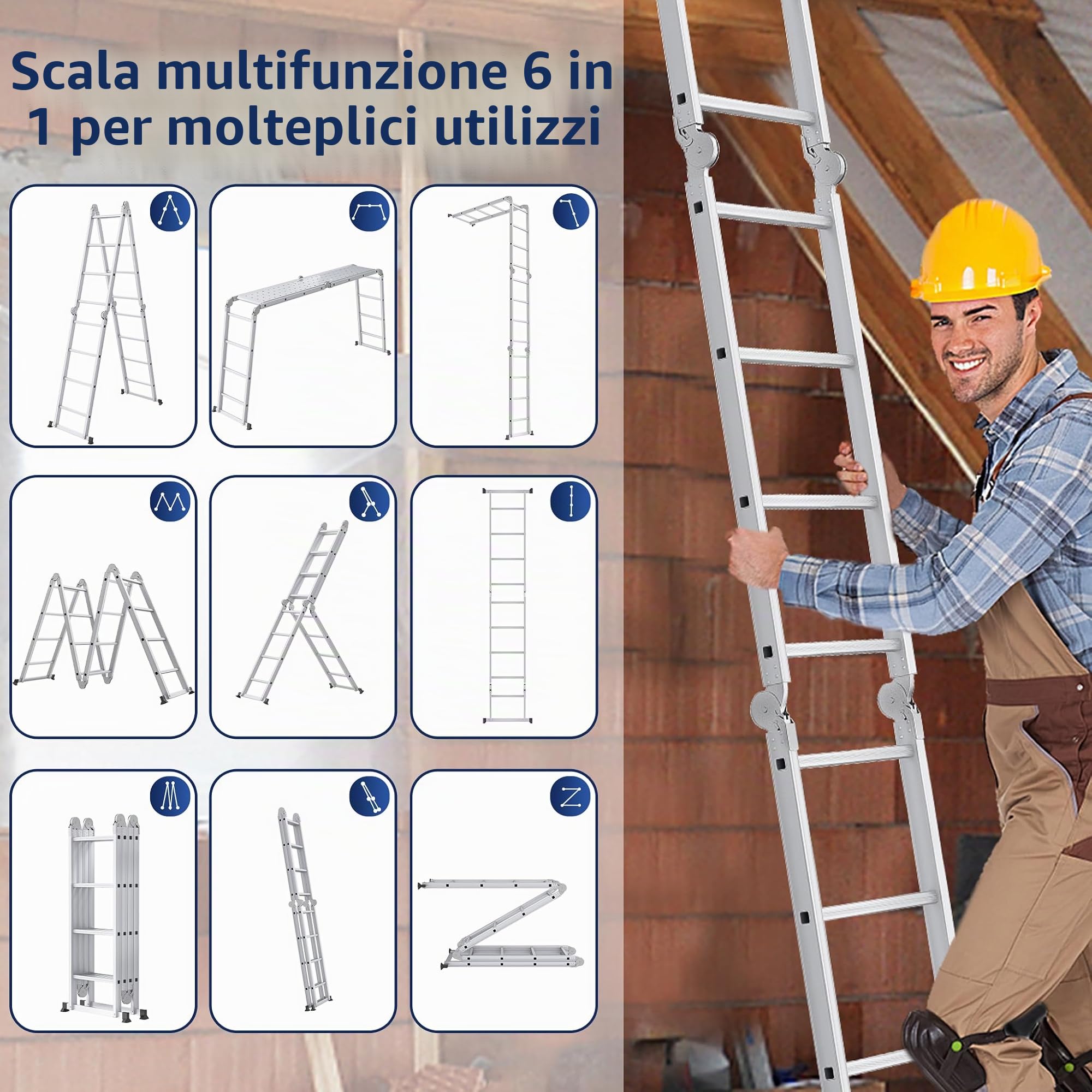 YRHome - Scala multiuso 6 in 1, in alluminio, articolabile, pieghevole, scala a tetto, 340 cm, multifunzionale, con piattaforma, fino a 150 kg di capacità, 4x3 gradini, argentata