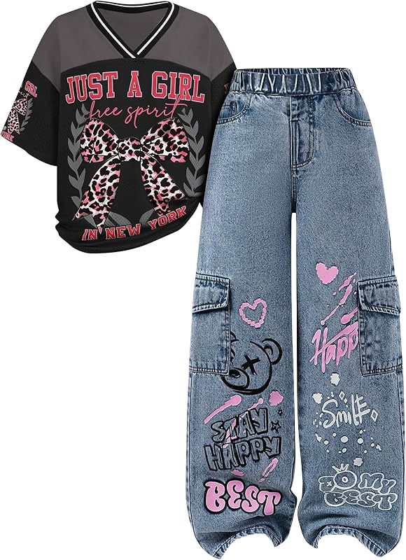 Girls 2 Piece Clothes Set V Neck Graphic Tee and Wide Leg Jeans Casual Streetwear Outfits Size 7-15
