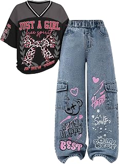 Girls 2 Piece Clothes Set V Neck Graphic Tee and Wide Leg Jeans Casual Streetwear Outfits Size 7-15