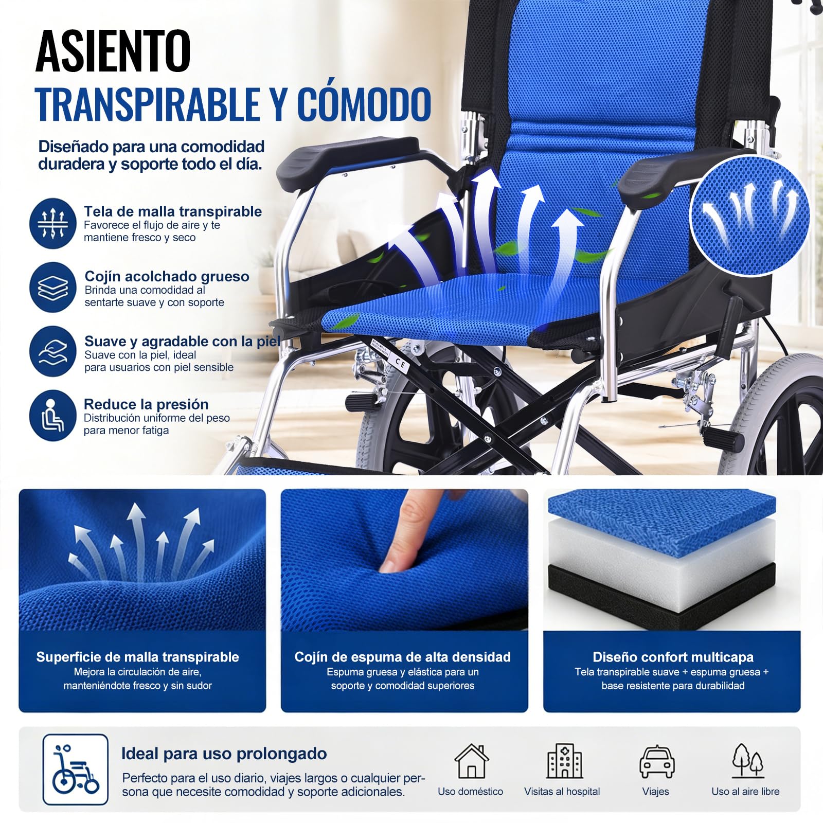 M3 Silla de Ruedas Plegable para Adulto, Ligera y Fácil de Transportar, Doble Sistema de Freno, Reposapiés Plegables, Soporta 100 kg, Ideal para Mayores y Usuarios con Movilidad Reducida