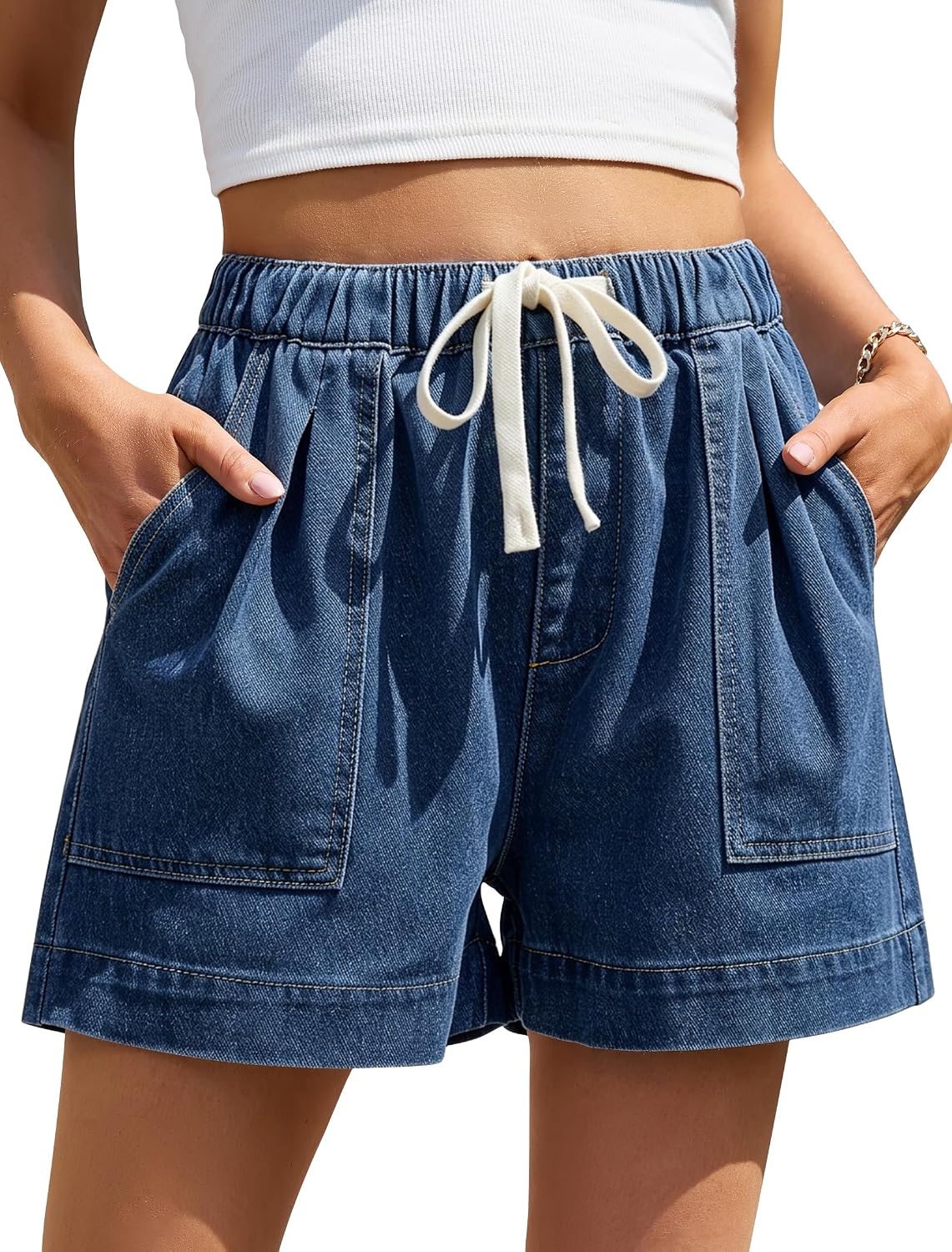 Eddoyee Jean Shorts for Women High Waisted Drawstring Pull On Stretchy Denim Shorts Wide Leg Jorts with Pockets(S-XXL)