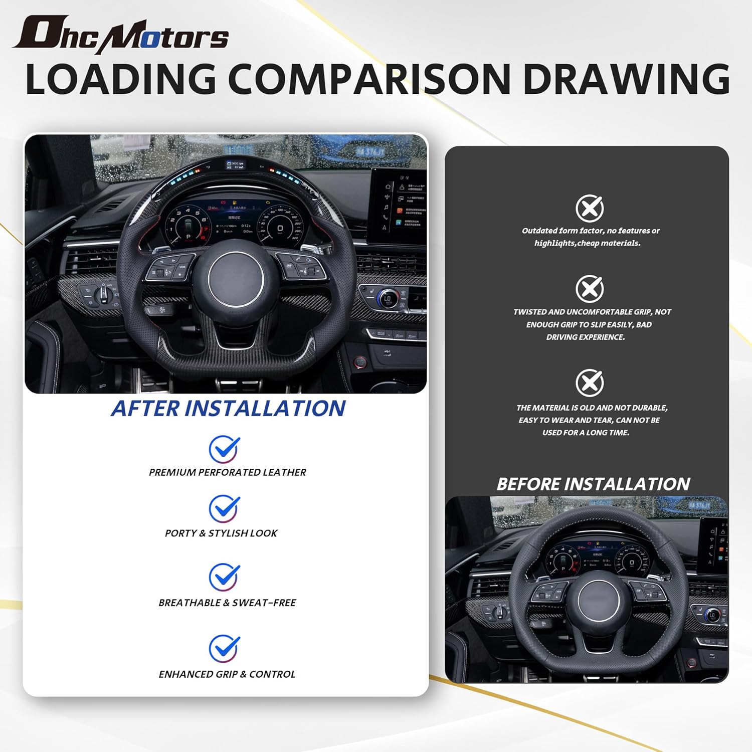 Real Carbon Fiber Smart Steering Wheel for Audi B9 A3 A4 A5 2016-2020 for RS3 RS4 RS5 2017-2020 Perforated Leather with 20 LED D-shaped Steering Wheel for Audi S3/S4/S5 2016-2020 for SQ2 2018