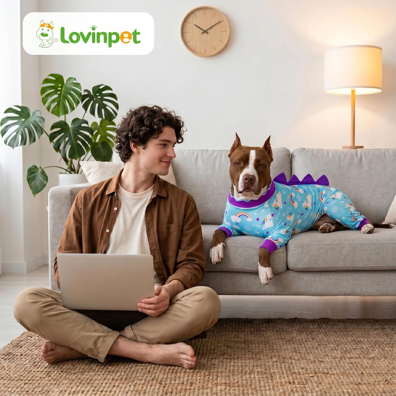 LovinPet Large Dog Pajamas: Anti Licking Dog Recovery Clothes, Lightweight Onesie, Starlight Rainbow/Wild Horse Prints Mastiff Pajamas, UV Protection, Adorable pet PJ's/XL