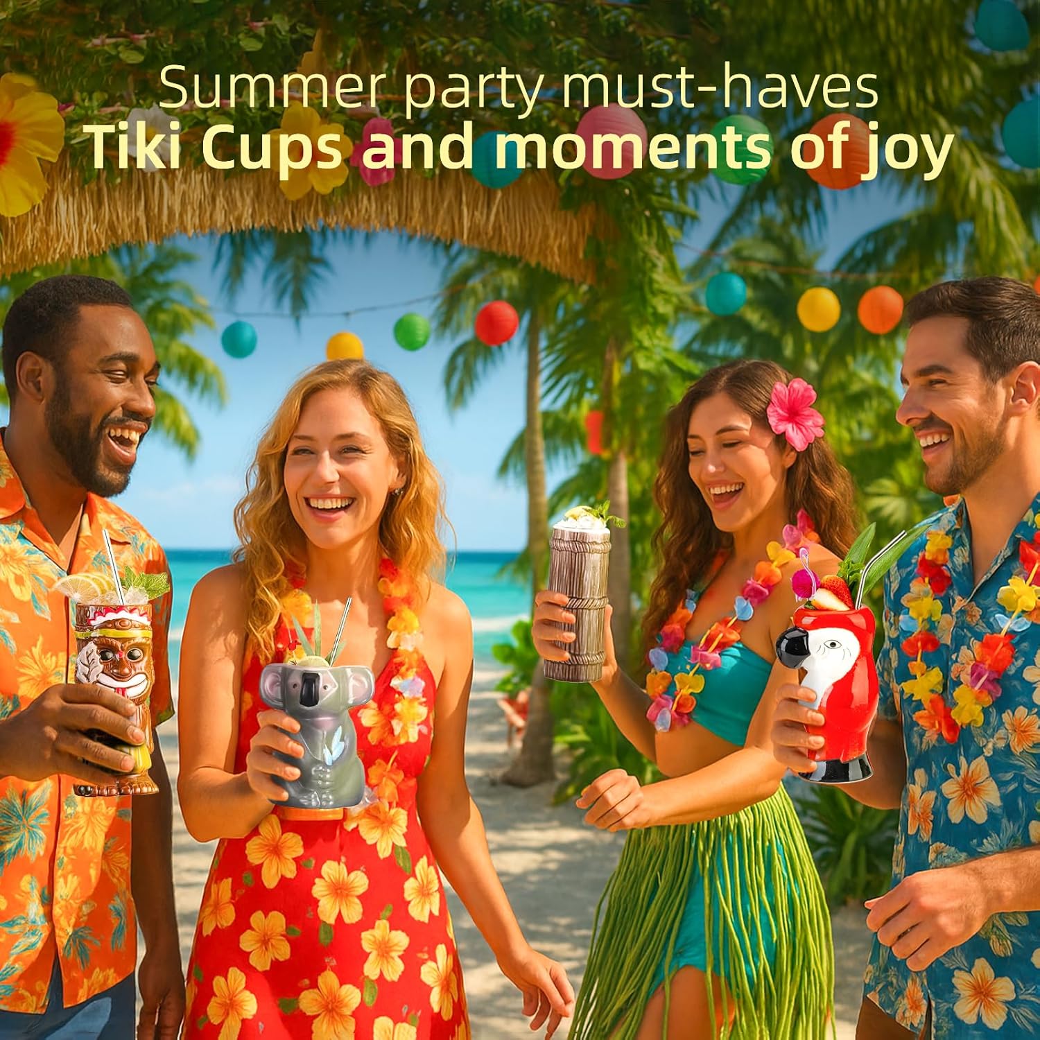 Tiki Mugs for Cocktail Set of 4 - Large Ceramic Tiki Cups,Tiki Glasses Cute Exotic Cocktail Glasses, For Hawaiian Party And Tiki Bar - Image 3