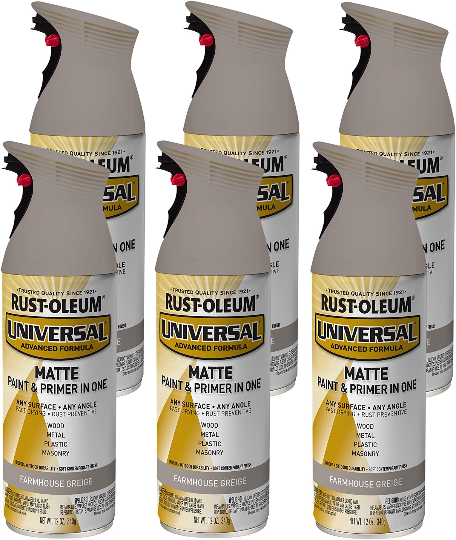 Rust-Oleum 376724-6PK Universal All Surface Spray Paint, 12 oz, Matte Farmhouse Greige, 6 Pack
