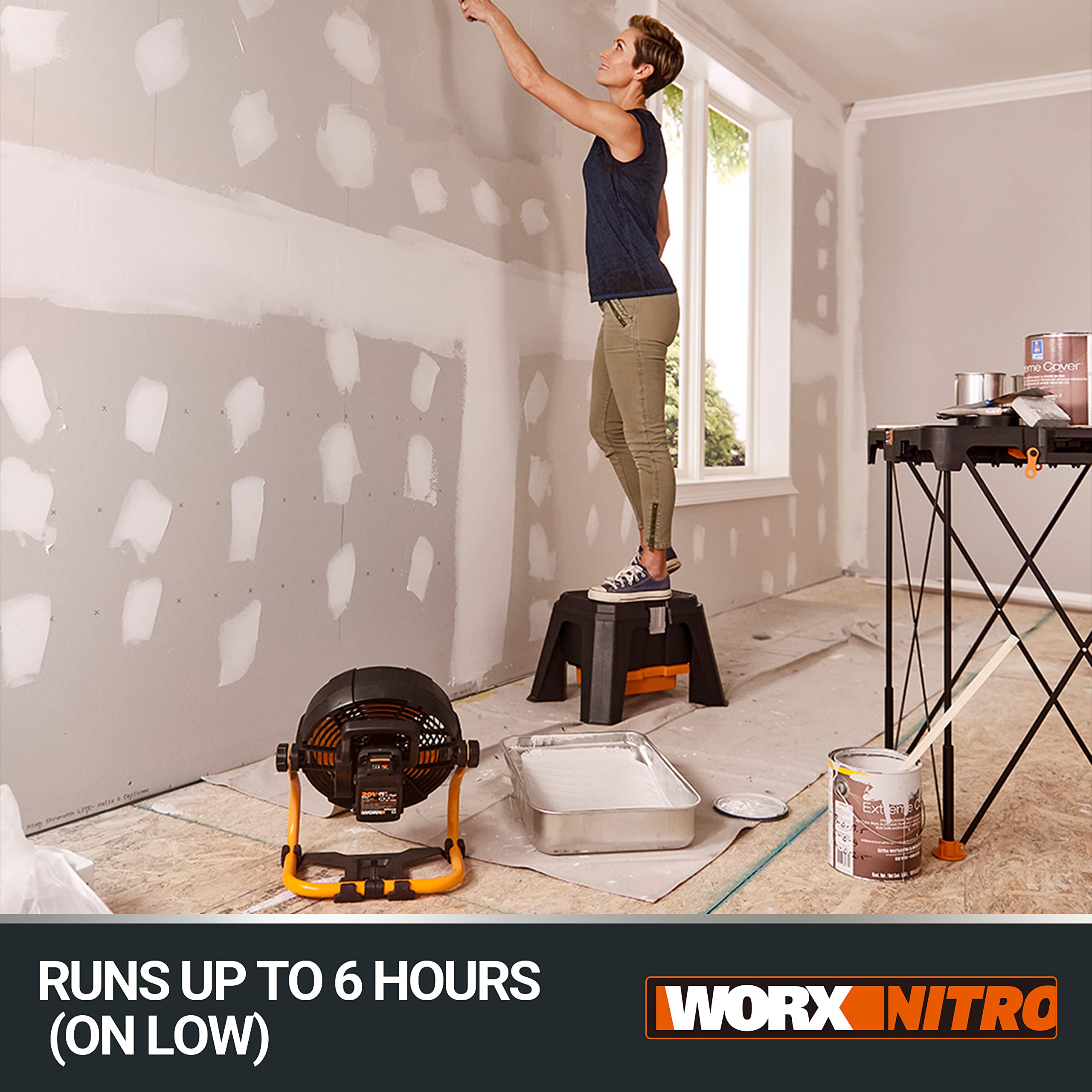 WORX Ventilatore da Cantiere Cordless NITRO 18 V (20 V MAX) WX095, PowerShare, Regolazione a 2 Velocità, Testa Ruotante a 360°, 1 Batteria 2 Ah, 1 Caricatore e 1 Adattatore