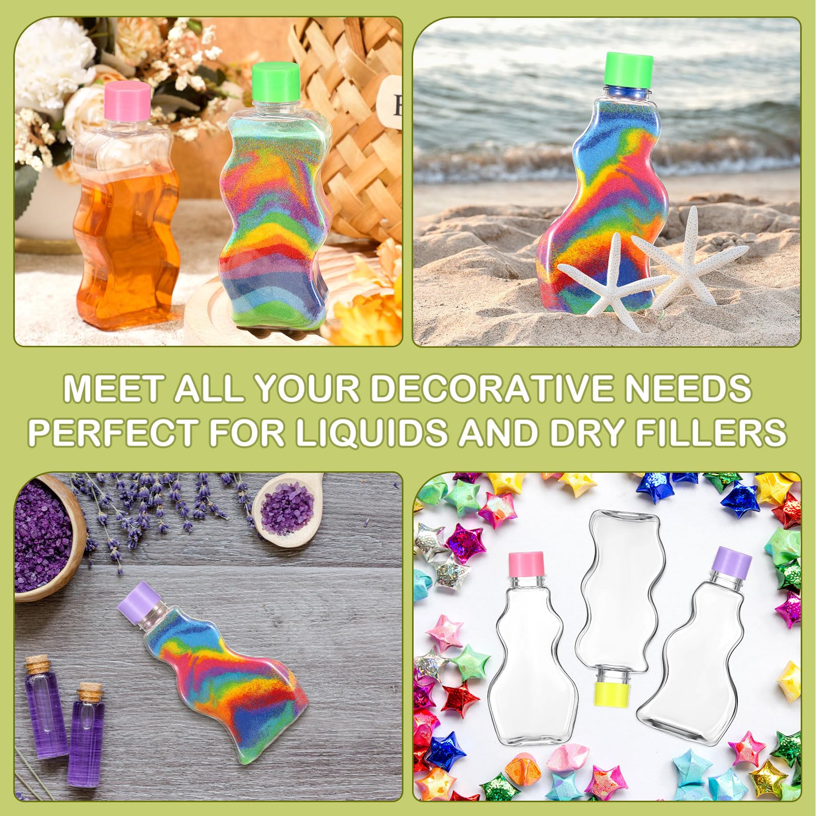 Mumufy 60 Stück Kunststoff-Sandkunst-Flaschen für Kinder, 70 ml, Sandkunst-Behälter für Sandkunst, Hochzeitseinladungen, Bastelbedarf, Mädchendekorationen, 3 Stile (bunt, Kunststoffkappe)