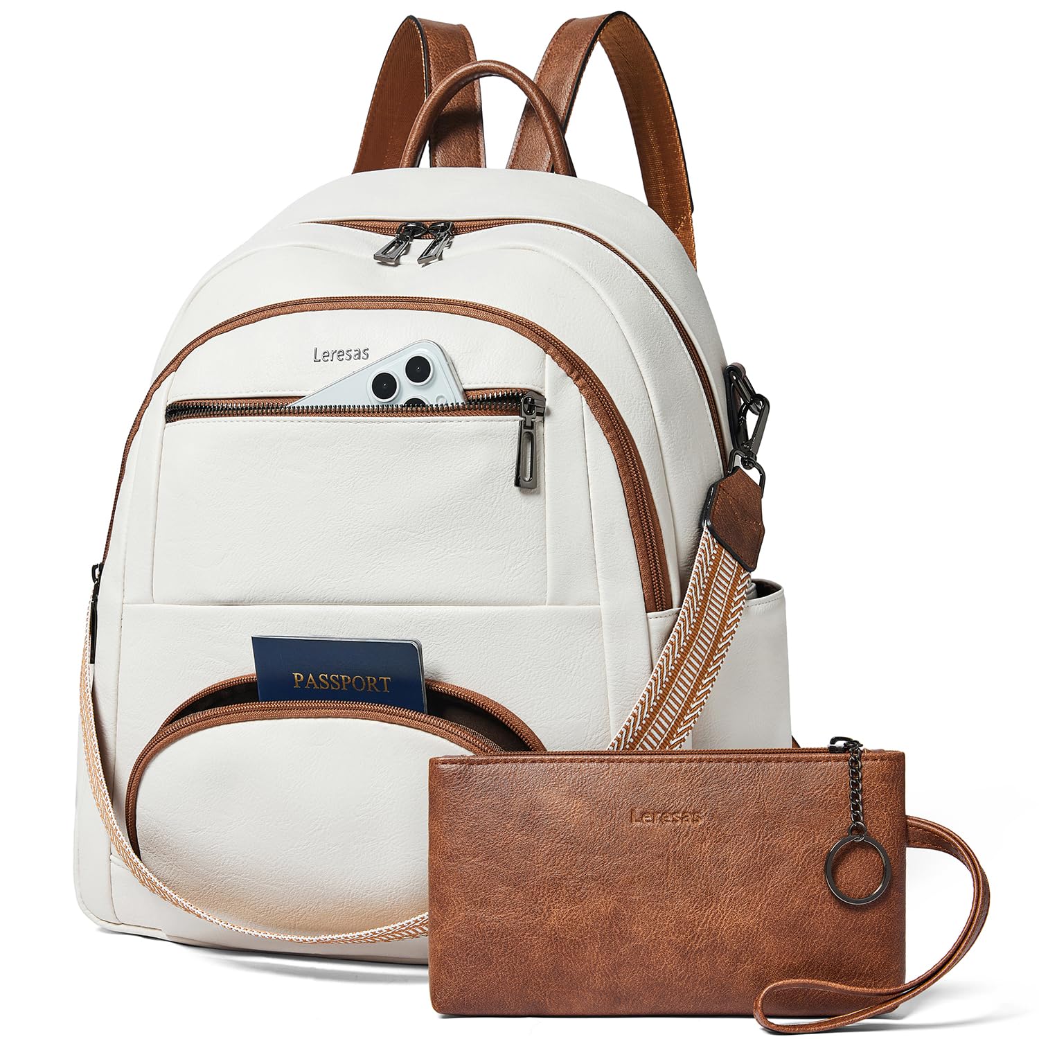 Leresas 35L Backpack Purse for Women Men Large Travel Backpack for Work College Laptop Back Pack Vegan Leather Fashion Beige