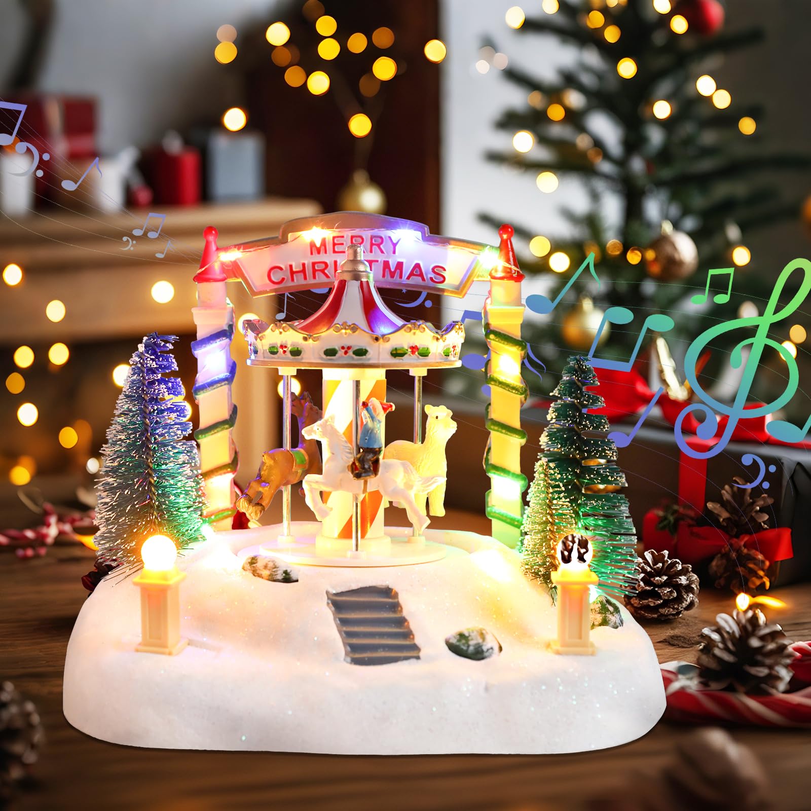 Bdor Decoración de mesa de carrusel de Navidad – Merry-Go-round musical iluminado con renos y árboles – Escena navideña que funciona con pilas – 7.5 x 5.5 x 6 pulgadas, centro de mesa festivo con