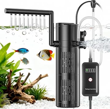 Internal Fish Tank Filter, 5-in-1 Aquarium Filter with Timer and 6W UV Steriliser Turns Green Water to Clear, Quiet Fish Tank Filter Pump for Tanks 20-1500L (500L/H) [Energy Class A]