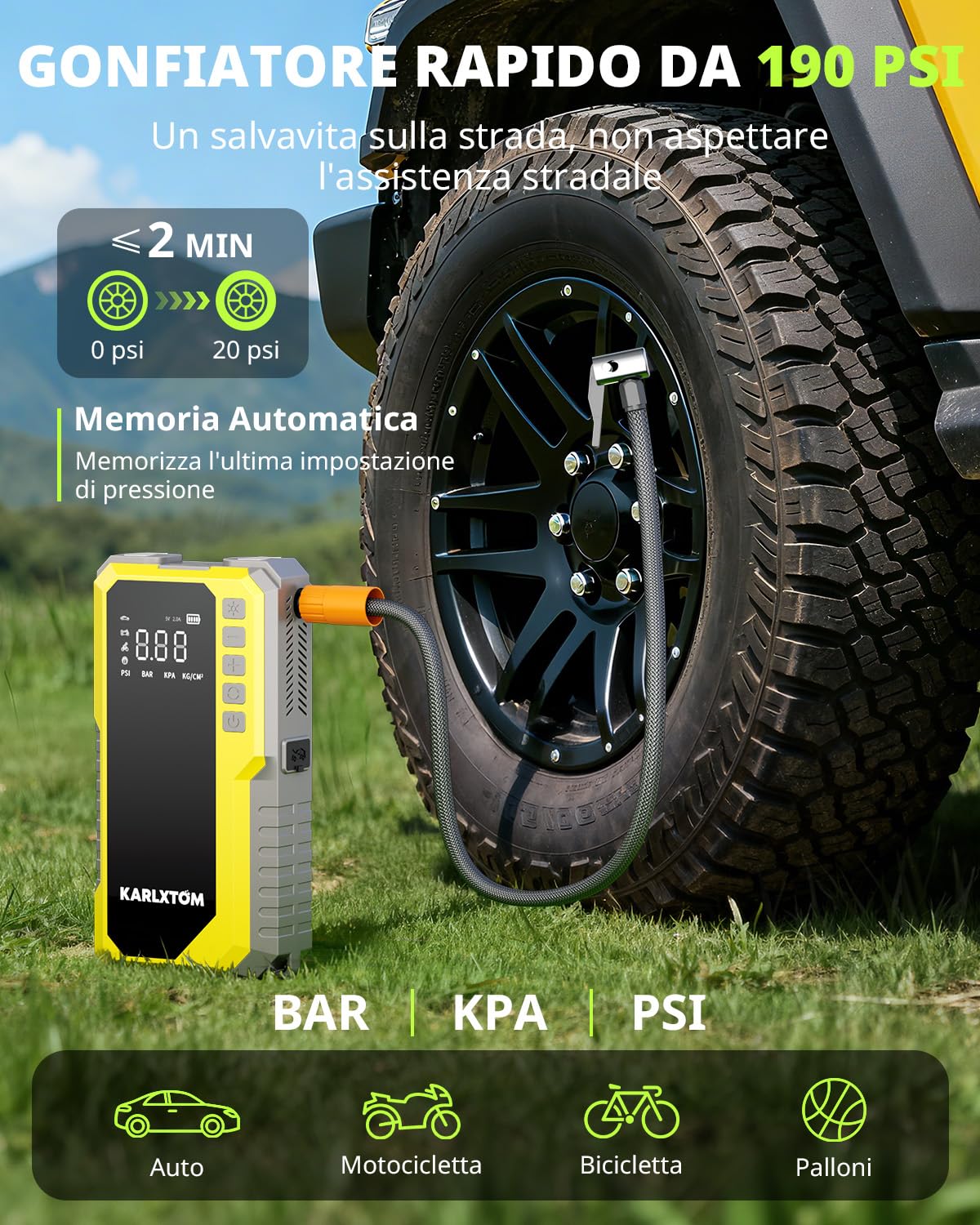 Karlxtom Booster Avviamento Auto con Compressore 190PSI, 12V Avviatore Batteria Auto (Tutto Gas/10L Diesel), Ingresso/Uscita Alimentazione di Avviamento e Luce LED da 500 LUM, Display LCD