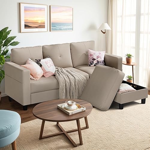 Miniatura 1 de Shintenchi Sofá modular convertible mejorado, sofá en forma de L de 3 plazas con reposabrazos altos, tela de lino, sofá pequeño de mediados de siglo