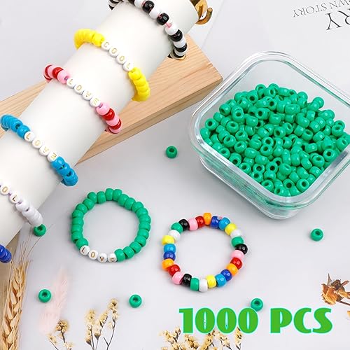 Miniatura 5 de 1000 cuentas de poni de 0.354 in, cuentas de barril de plástico verde para collares, cuentas de pelo para trenzas para niñas, llavero, fabricación