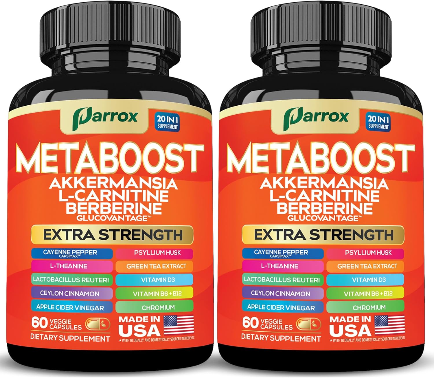 GLP-1 Booster Supplement, Akkermansia, L-Carnitine, Berberine (GlucoVantage), Methylfolate, Methylated B12, Chromium, Capsimax, Psyllium Husk, Probiotics Vitamins D3, B6, 20-in-1 Plant-Based (2 Pack)