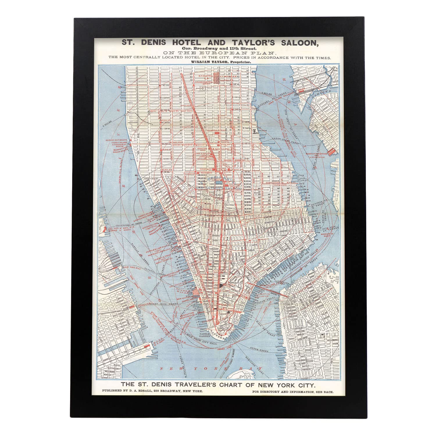 Nacnic 1879 Lower Manhattan Map Poster Art, Size A3 Black Frame. Pictorical Style Print For The Decoration Of Living Room Walls, Bedrooms, Offices...