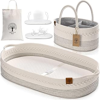 Baby Changing Basket Includes Diaper Caddy - Soft & Waterproof Dual-Cover, Portable, Changing Pad for Dresser & Changing Table, Gift for Baby Shower, Organic Cotton Rope