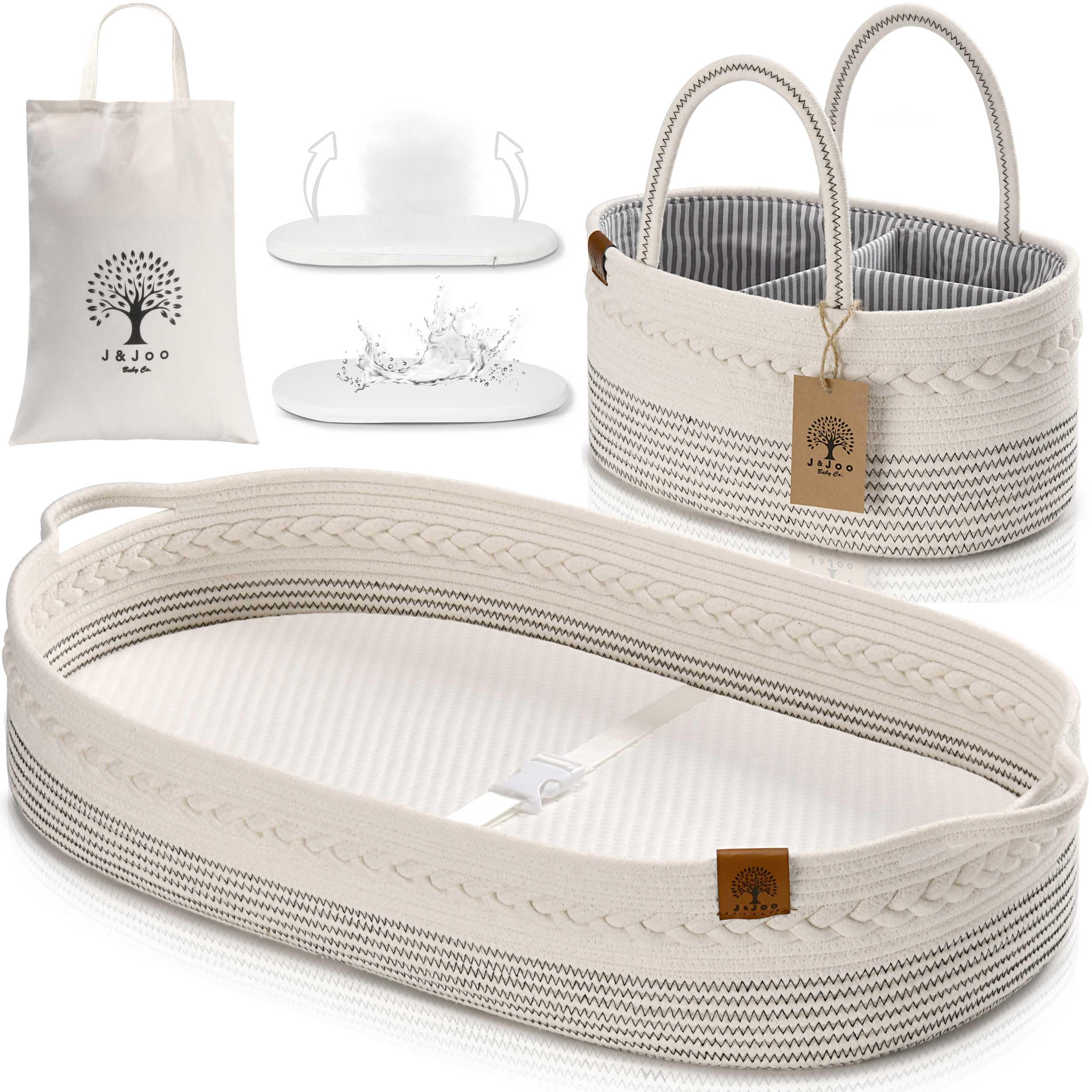 J&JOO Baby Changing Basket Includes Diaper Caddy - Portable, Breathable, Changing Table Topper, Changing Pad for Dresser, Cotton Rope Baby Basket, Baby Mat, Gift for Baby Shower