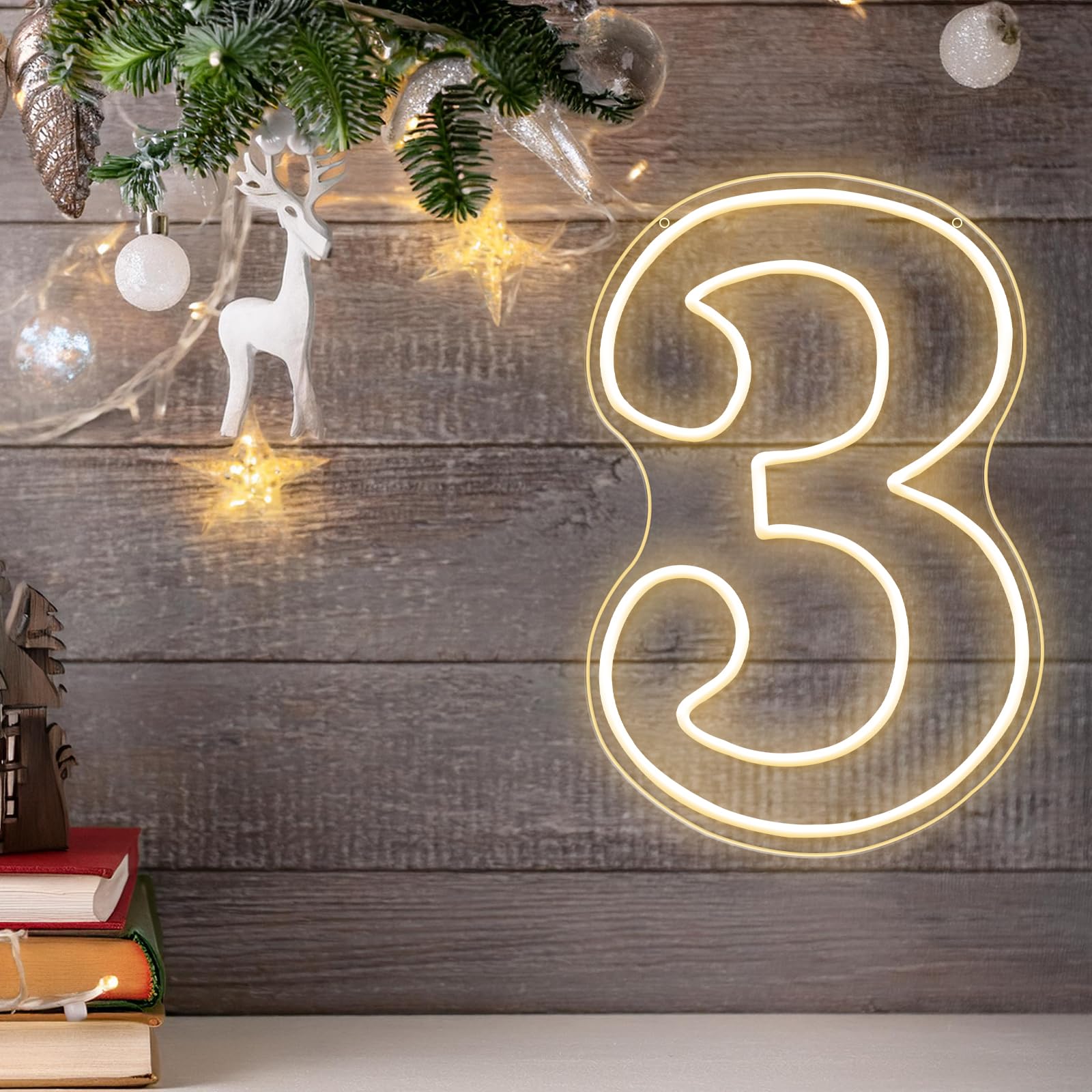 Numero 3 Segno Luminoso LED Neon Sfondo 42 cm Decorazione Festa di Compleanno Bianco Caldo Numero Uno Segno Luminoso Numero Grande Segno Luminoso per Festa di Compleanno Notte Festa