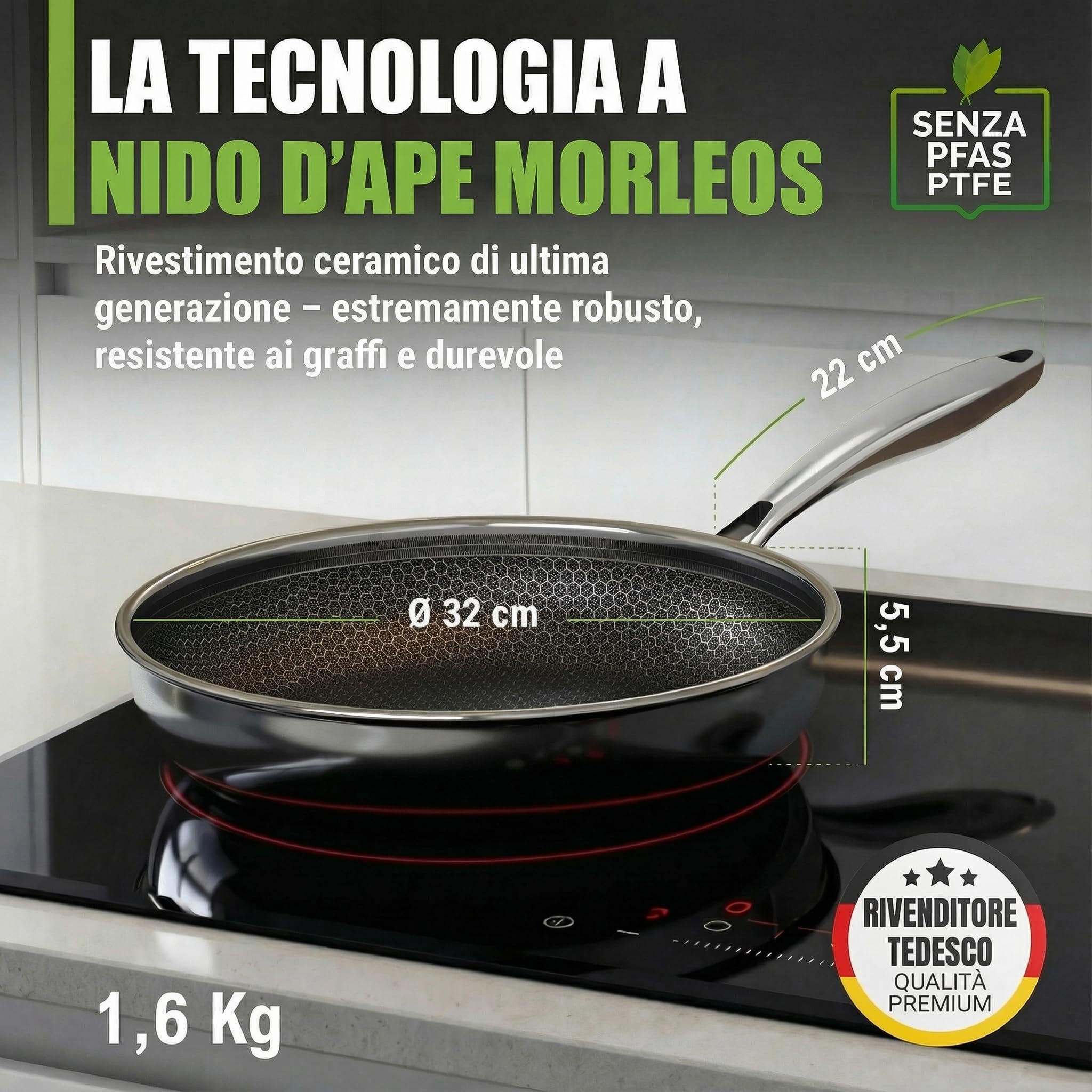 Padella in ceramica, 32 cm, resistente ai graffi, a 5 strati, 3 mm, 1,67 kg, per induzione, antiaderente, lavabile in forno e lavabile in lavastoviglie, senza PFAS e PTFE