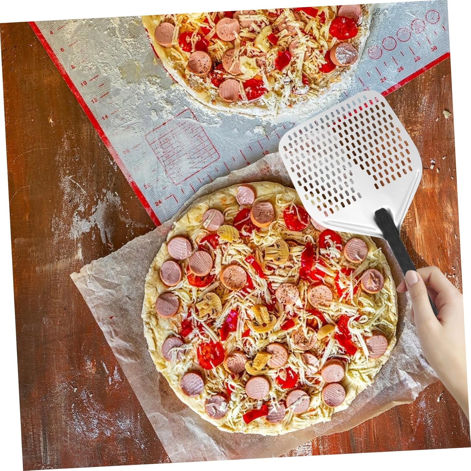 1pc Perforated Pizza Spatula Long Handle Heavy-duty Baking Tool for Transfer and Crisp Baking for Home and Restaurant Use