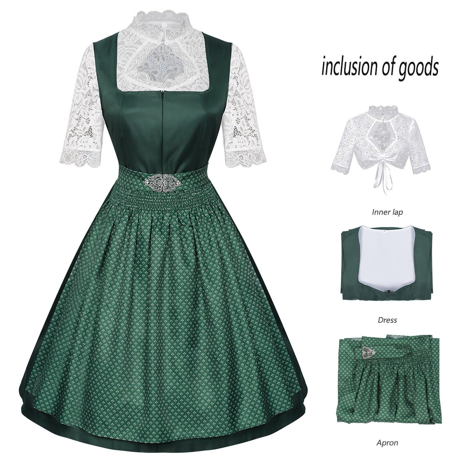 Dirndl Kleid Damen Oktoberfest Trachtenkleid Bayern Kostüm Kurzarm Spitze Oberteil Karree Ausschnitt Tailliert Vintage Midi Kleid mit Schürzen Optik Festliches Trachtenkleid Bierfest Party Outfit