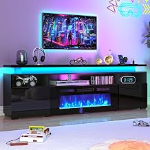 Squireewo 82.6" Fireplace TV Stand w/40 Electric Fireplace for 95in TVs, 26.5" Tall High Gloss Entertainment Center w/Fireplace, TV Media Console w/Charging Station, LED Lights for Living Room, Black