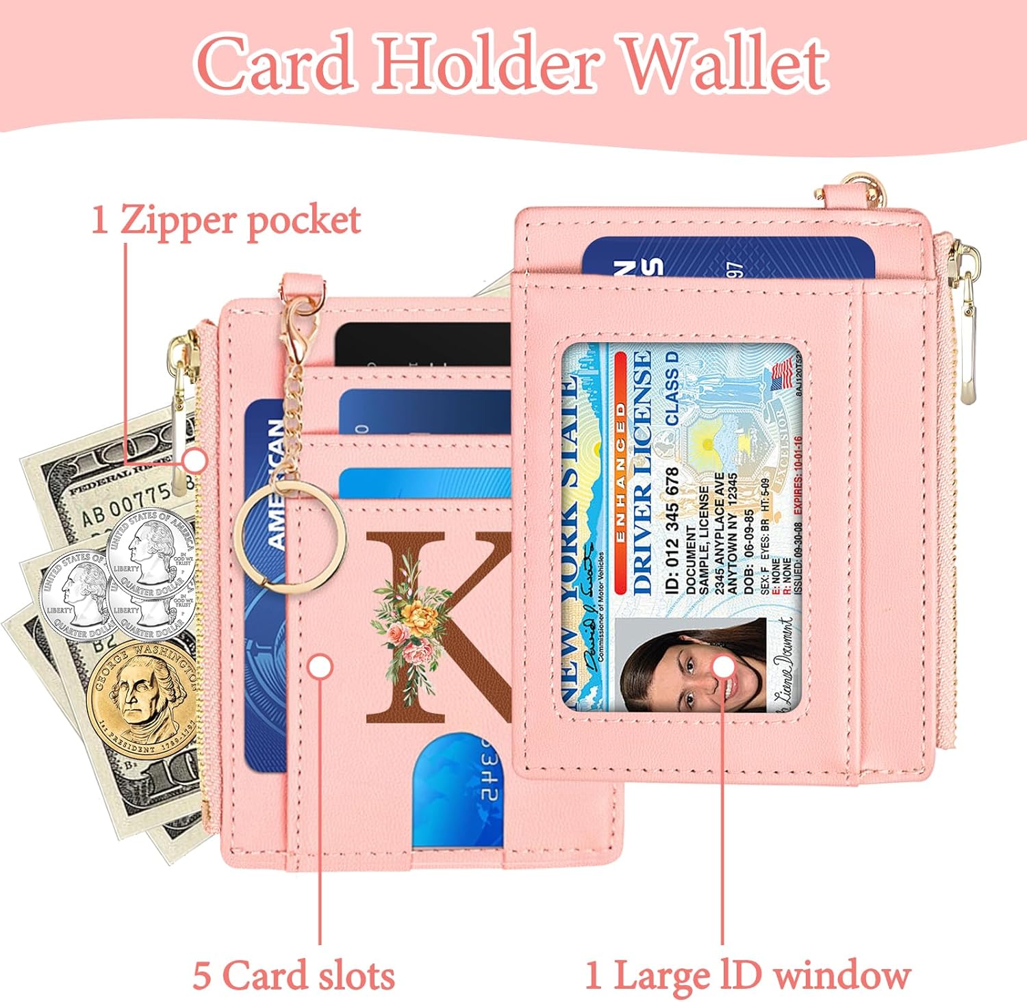 Credit Card Holder for Women, Slim Wallet for Women RFID Blocking Wallet Small Compact Card Case with ID Window Zipper Pocket, Birthday Gifts for Women Girls Daughter,Initial Letter K(Pink) - Image 4
