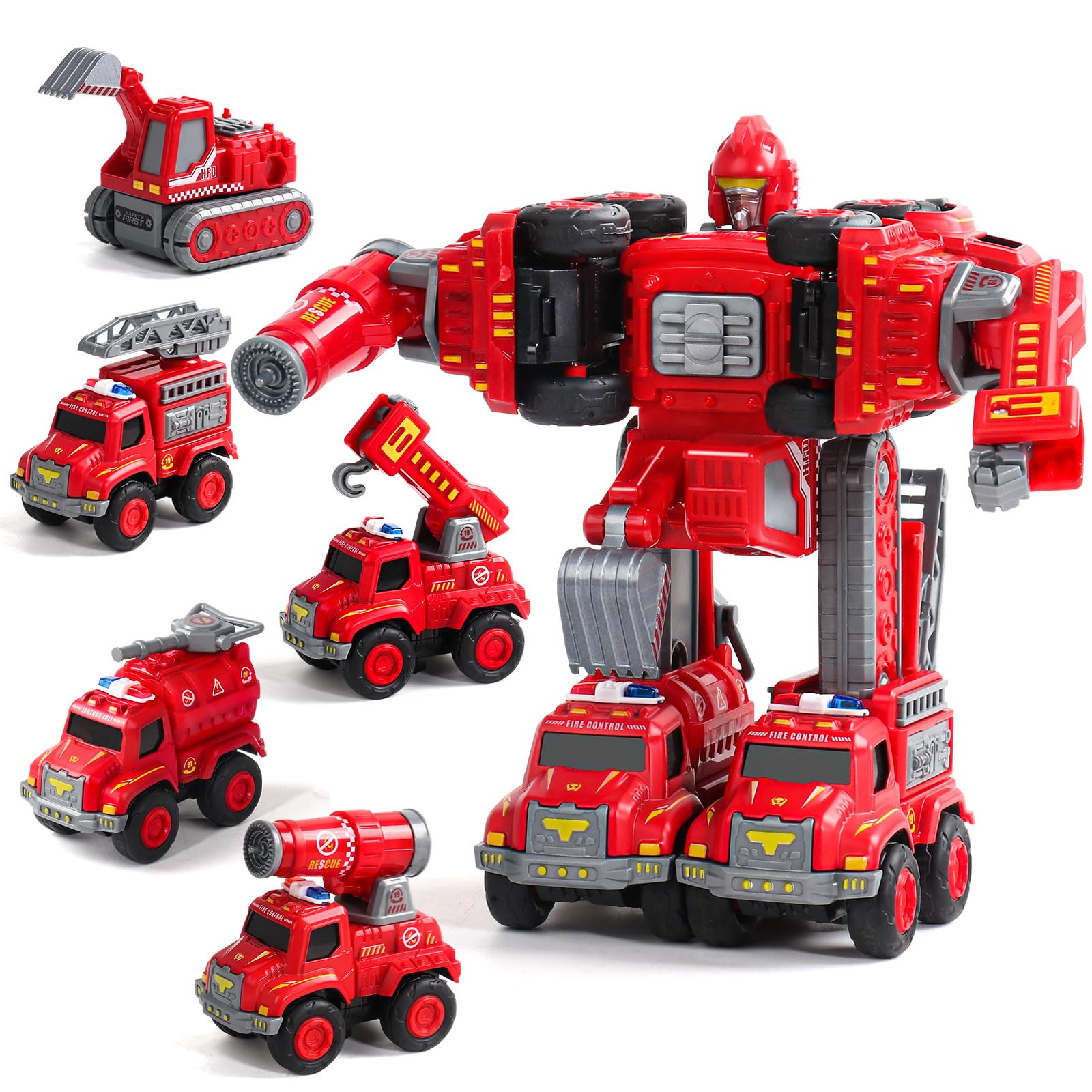 Transforming Robot Toys for 3 4 5 Year Old Boy Fire Truck 5 in 1 Transform Action Figures Set Building STEM Car Toys for 4-6 Year Old Boy Girl Birthday Gifts