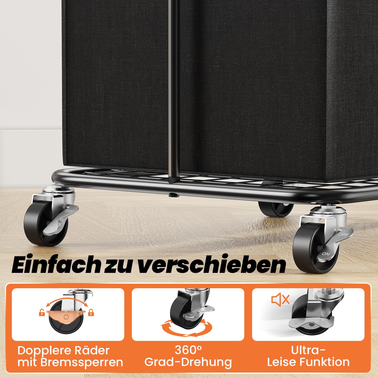großer Wäschekorb, Wäschekorb Kleiderkorb, Metallrahmen und abnehmbare Taschen Design mit Rädern, geeignet für Schlafzimmer, Bad, Schlafsaal (Schwarz)