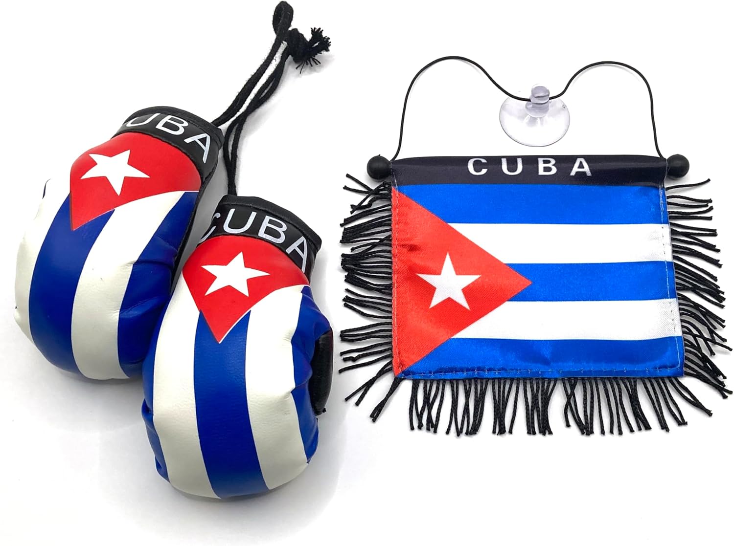 Cuban Flag for Car Mirror Hanging – 2-Pack Premium Mini Cuba Window Flags for Cars – Cubano Style Car Accessories Mini Boxing Glove Combo set