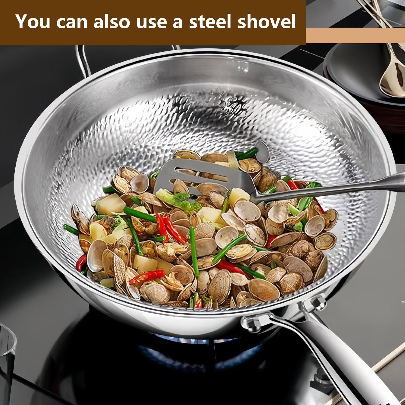 Padella in Titanio Wok Antiaderente con Coperchio, Attrezzi da Cucina Non Rivestiti Compatibili con Gas, Induzione(Size:32cm)