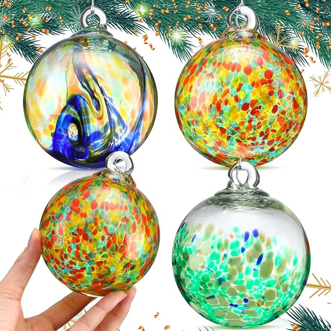 Cinnvoice 3 Pcs 4 Inch Christmas Hand Blown Glass Ornaments