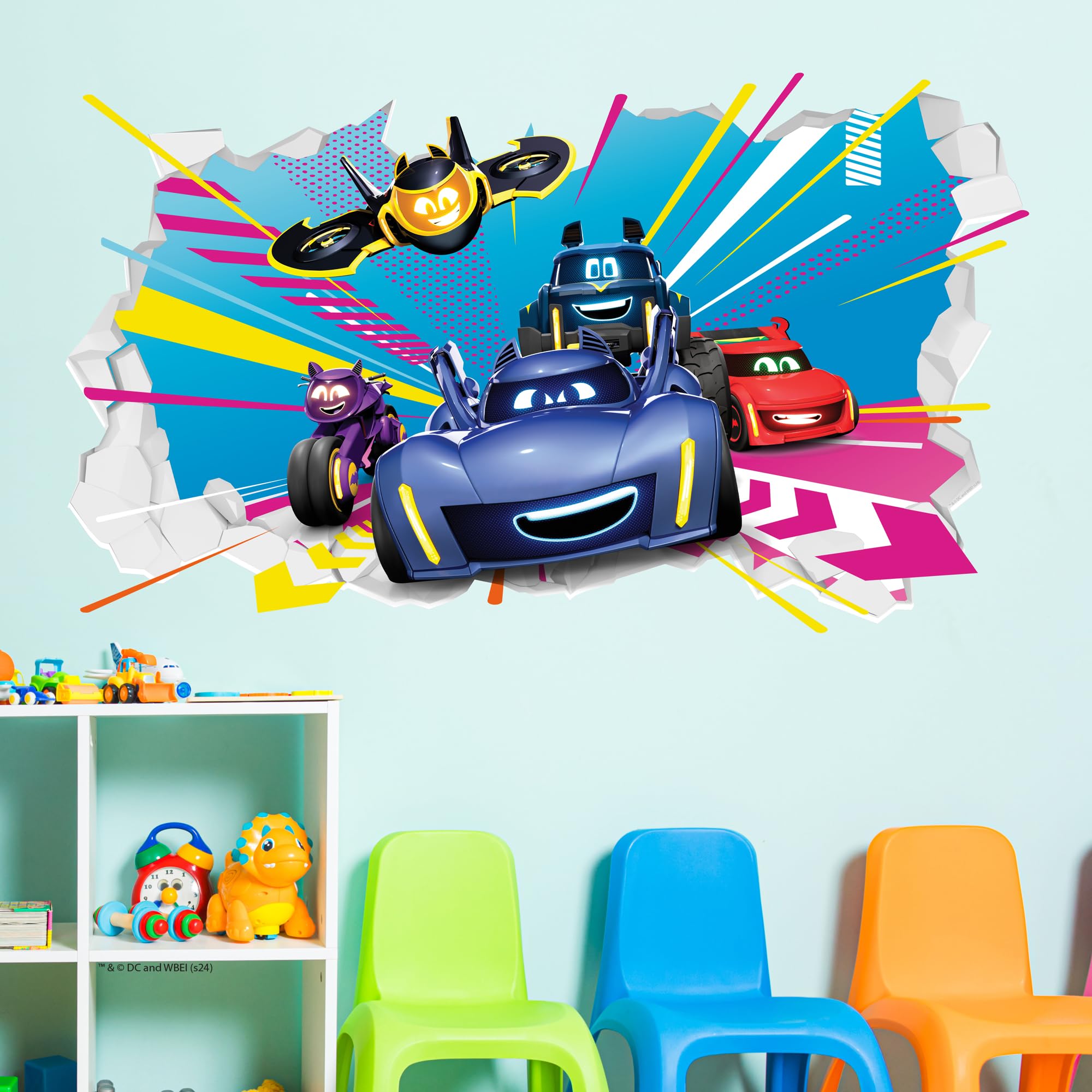 Themed Black Batwheels™ Wall Sticker - Group Bursting Through Broken Wall Decal Dc Superhero Art (60Cm Width X 35Cm Height)