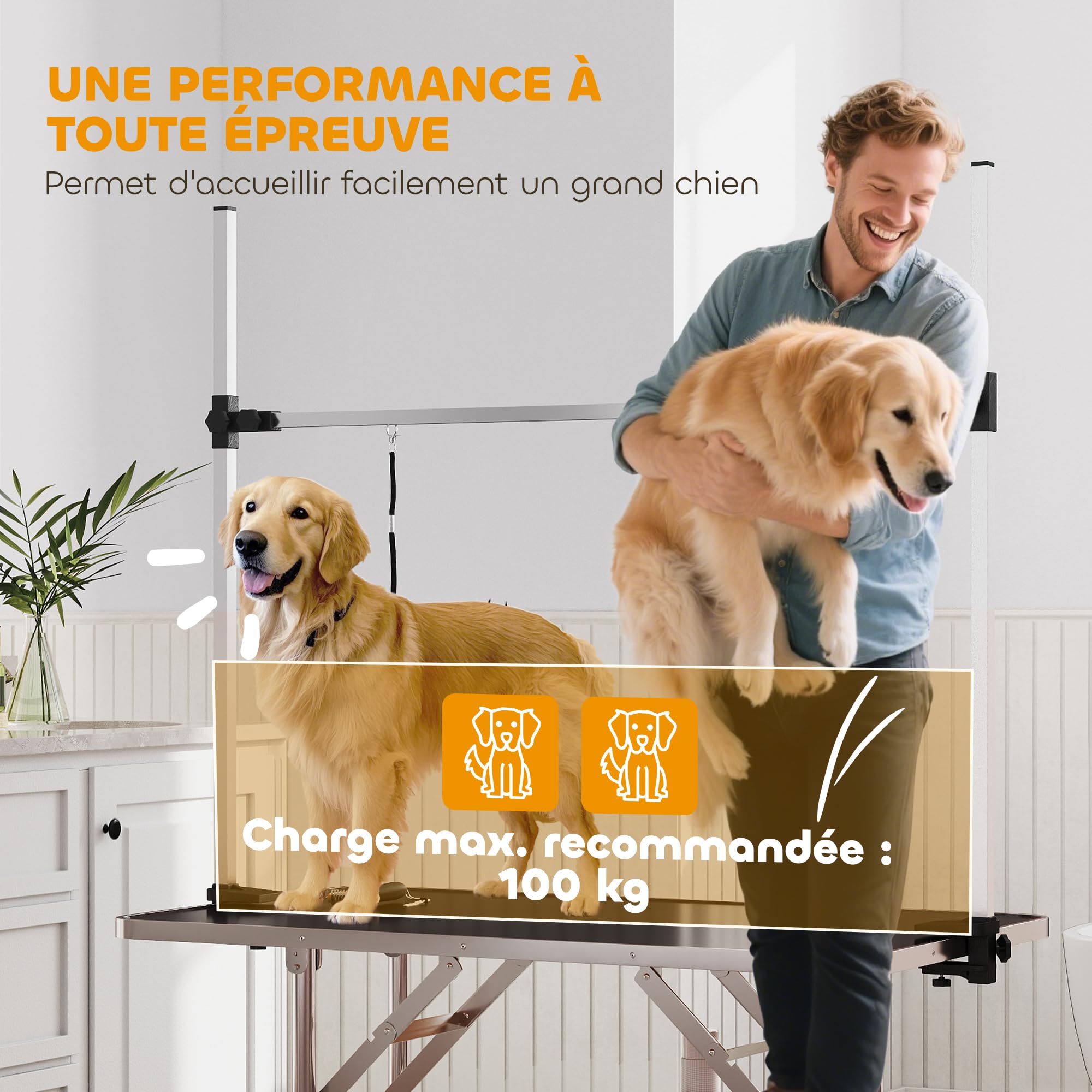PawHut Table de toilettage pour Chien Chat Animaux, Pliante 107x60x76cm - Potence H INOX réglable - Station Robuste 100kg avec Surface antidérapante - 2 Sangles, Panier Maille - idéal Domicile - Noir