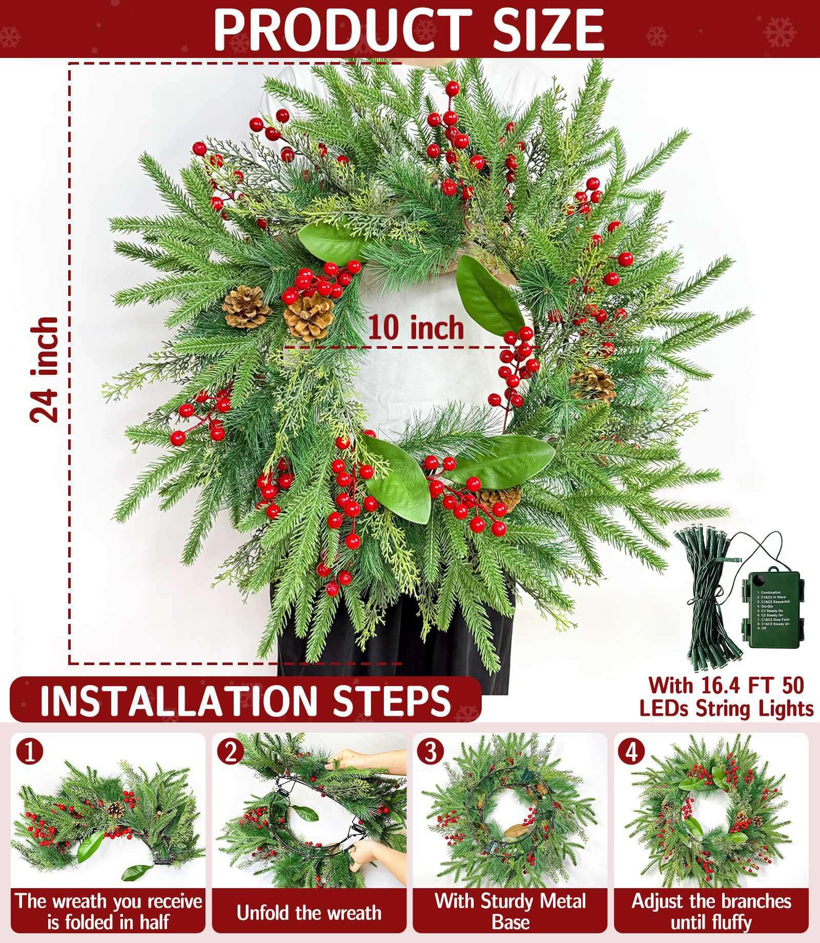 Vorbeleuchteter Weihnachtskranz mit Timer und 8 Modi, zweifarbige 50 LED-Lichter, künstliche Tannenspitzen, Stechpalmen- und Zypressenblätter, rote Beeren und Tannenzapfen, Wanddekoration, 61 cm